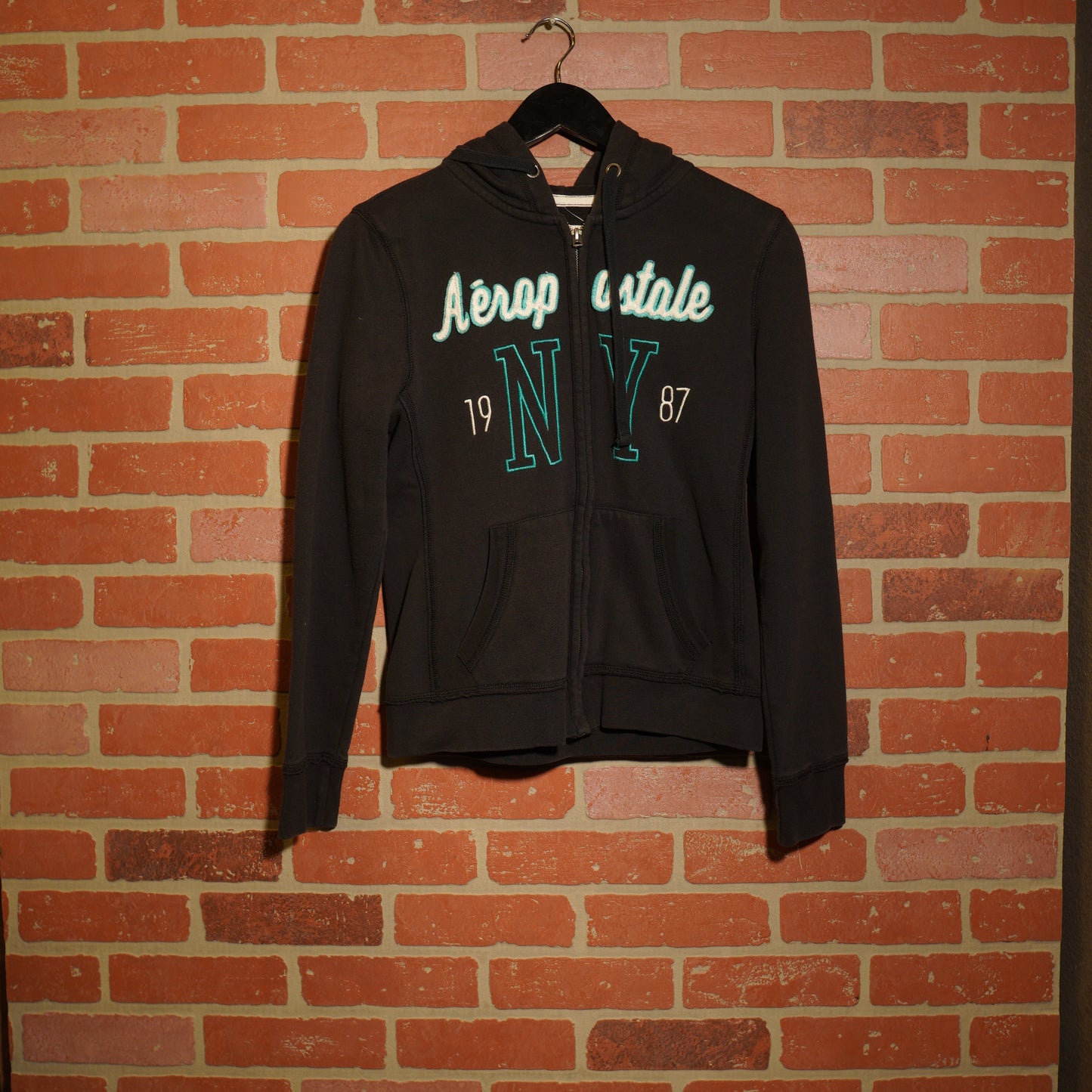 VTG Y2K Aeropostal Zip-Up Aqua Logo Black Hoodie