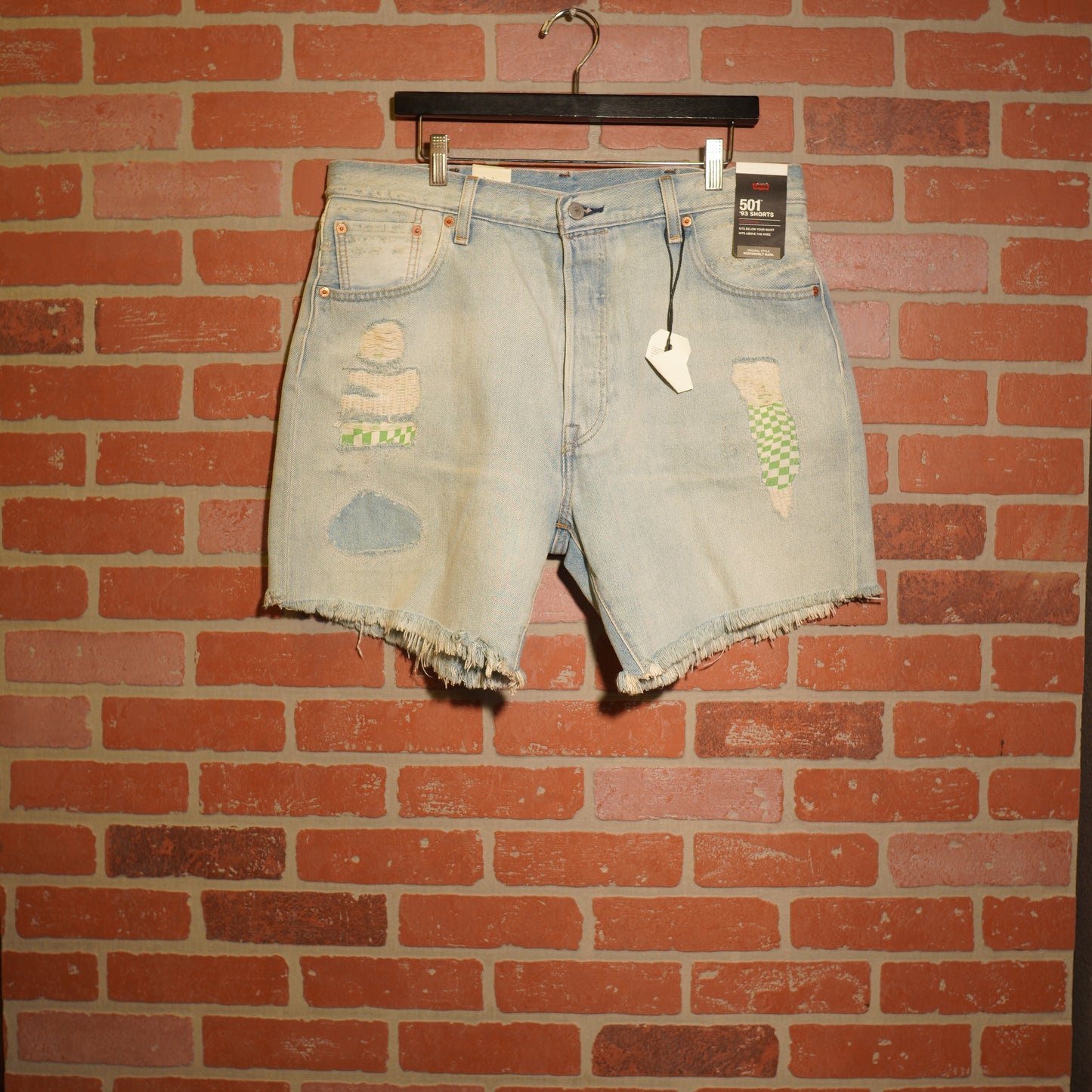 DS Levis 501 93 Checkerboard Patches Denim Jean Shorts