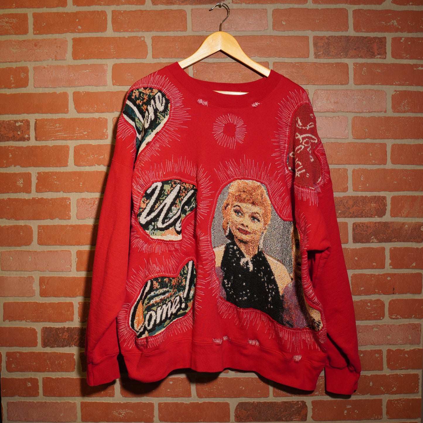Trevs1of1 Custom Here We Come I Love Lucy Chain-Stitched Red Crewneck