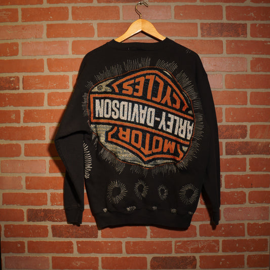 Trevs1of1 Custom Harley-Davidson Chain-Stitched Black Crewneck
