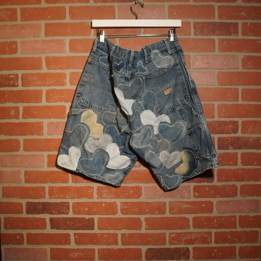 Trevs1of1 Custom Denim Hearts Wrangler Dark Blue Jean Shorts