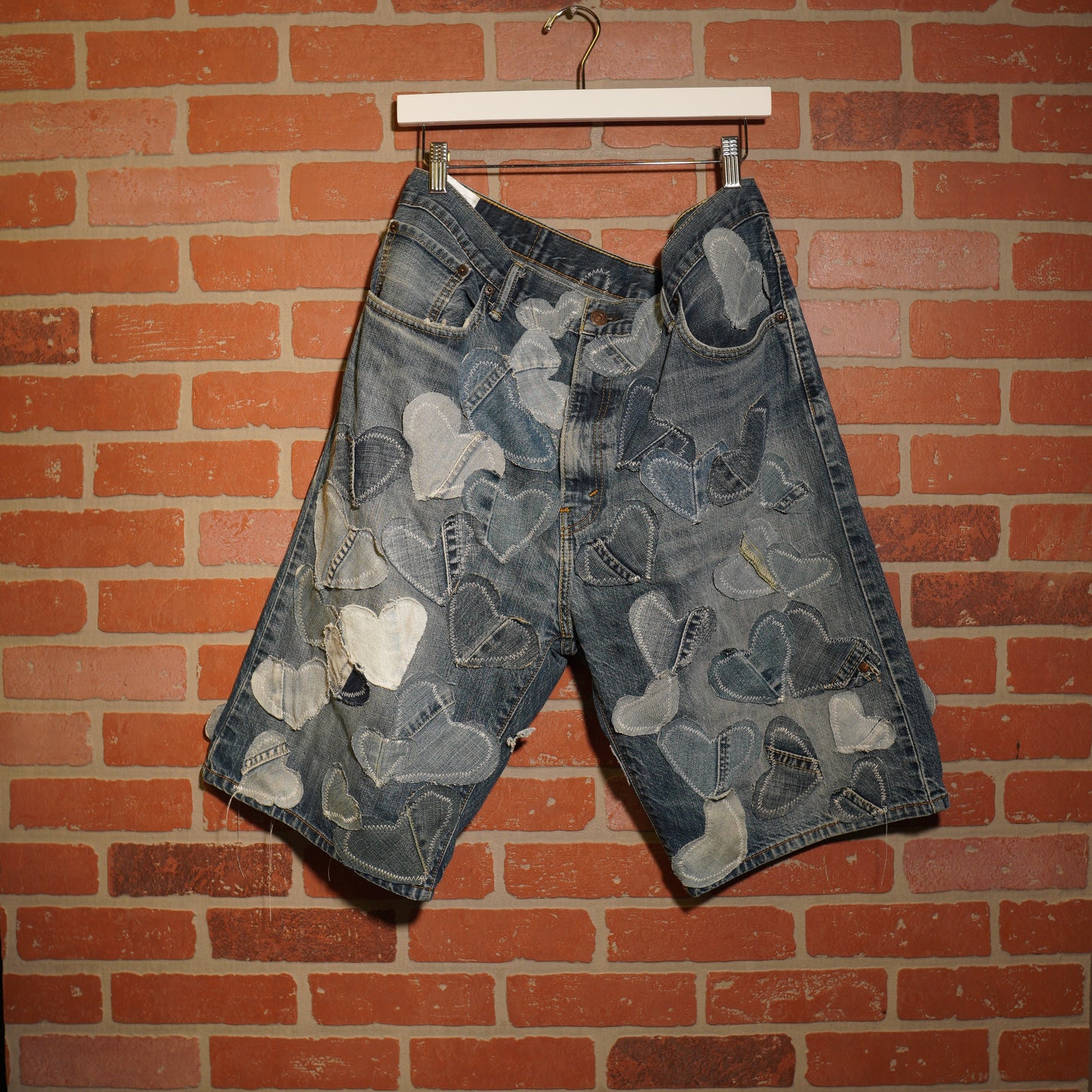 Trevs1of1 Custom Denim Hearts Levis 569 Jean Shorts