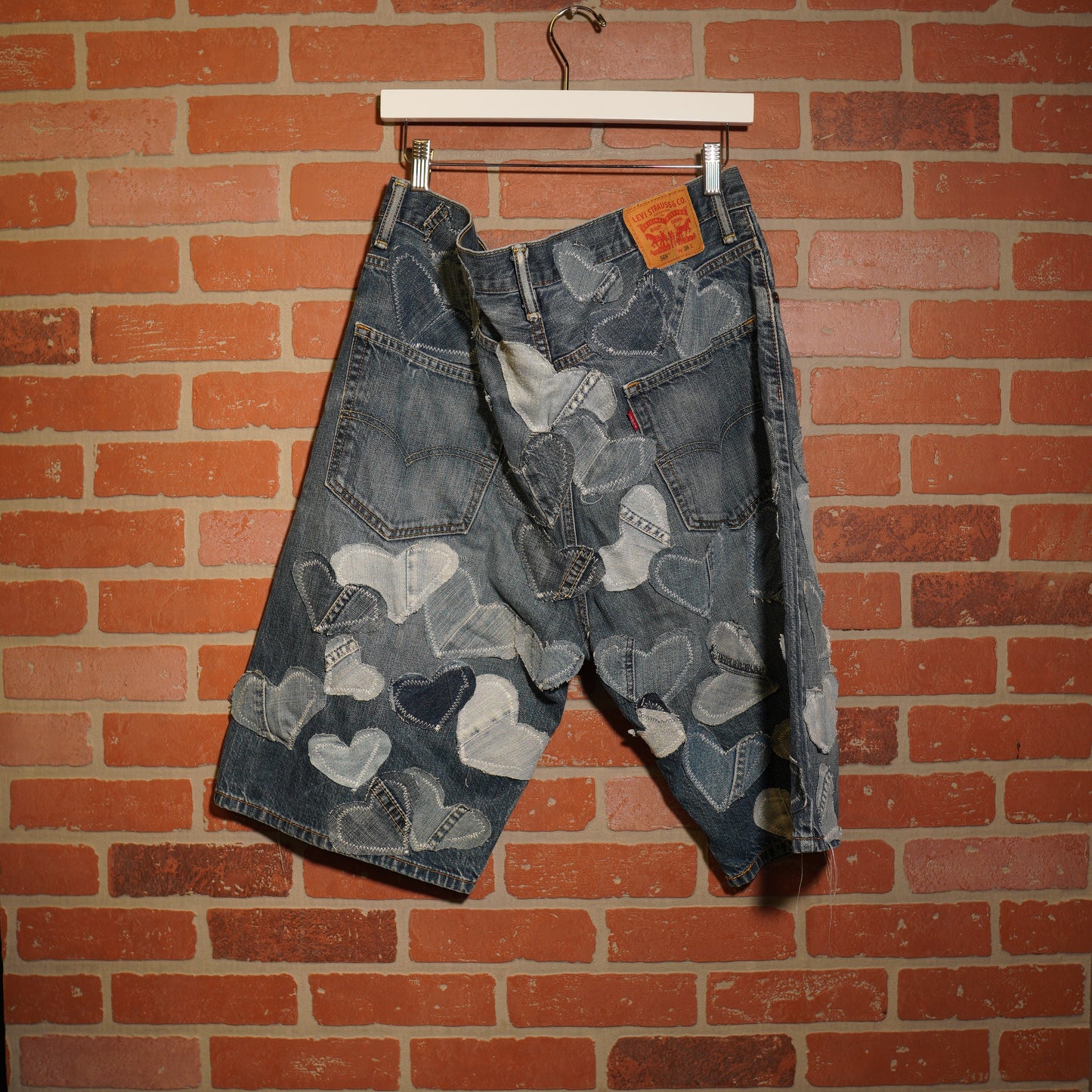 Trevs1of1 Custom Denim Hearts Levis 569 Jean Shorts