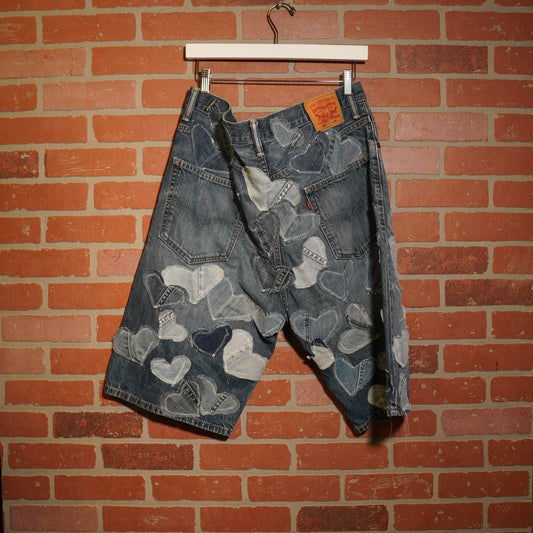 Trevs1of1 Custom Denim Hearts Levis 569 Jean Shorts