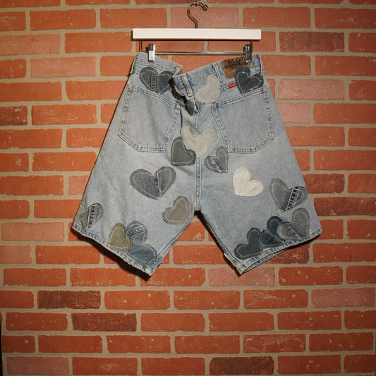 Trevs1of1 Custom Denim Hearts Wrangler Light Blue Jean Shorts