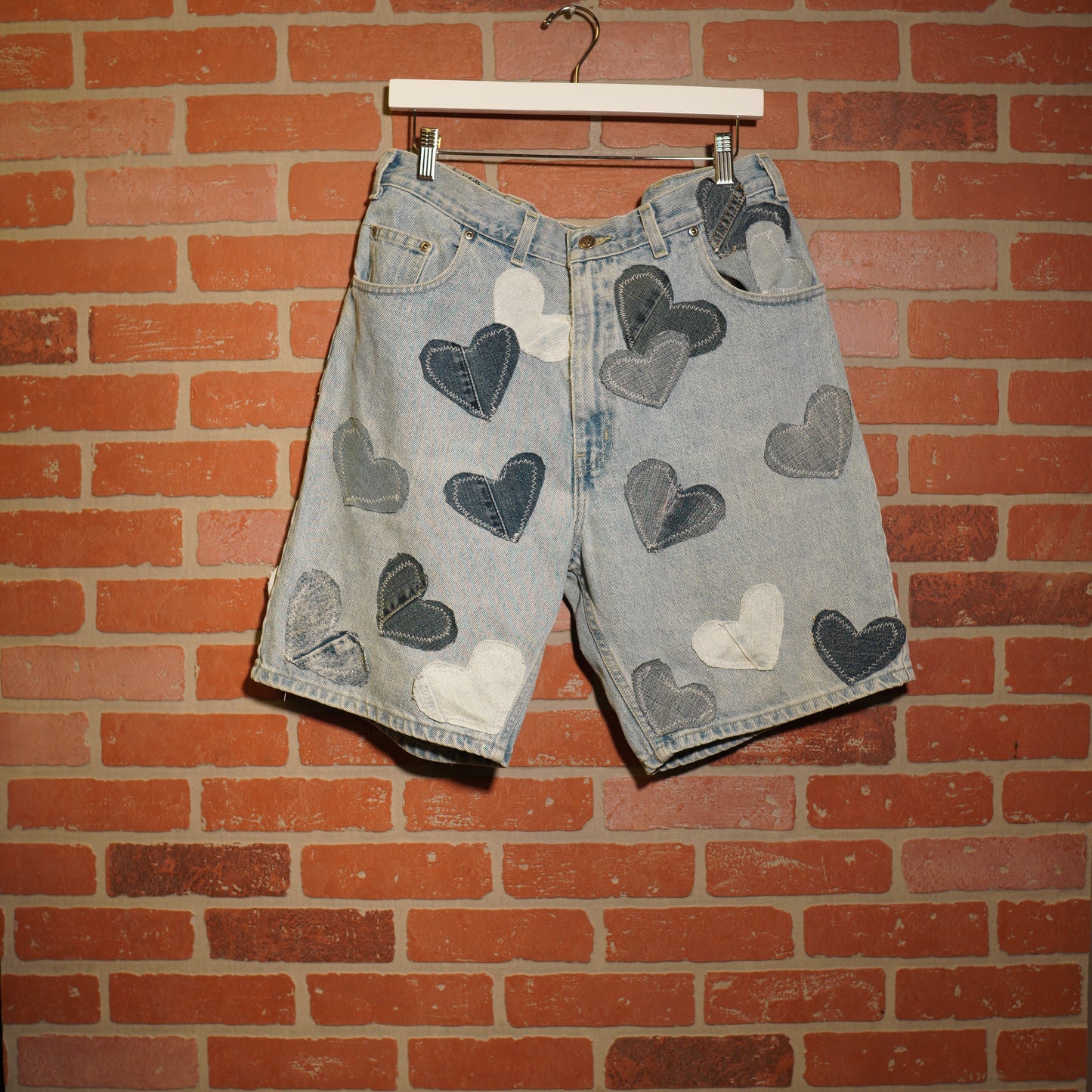 Trevs1of1 Custom Denim Hearts Light Blue Denim Jean Shorts