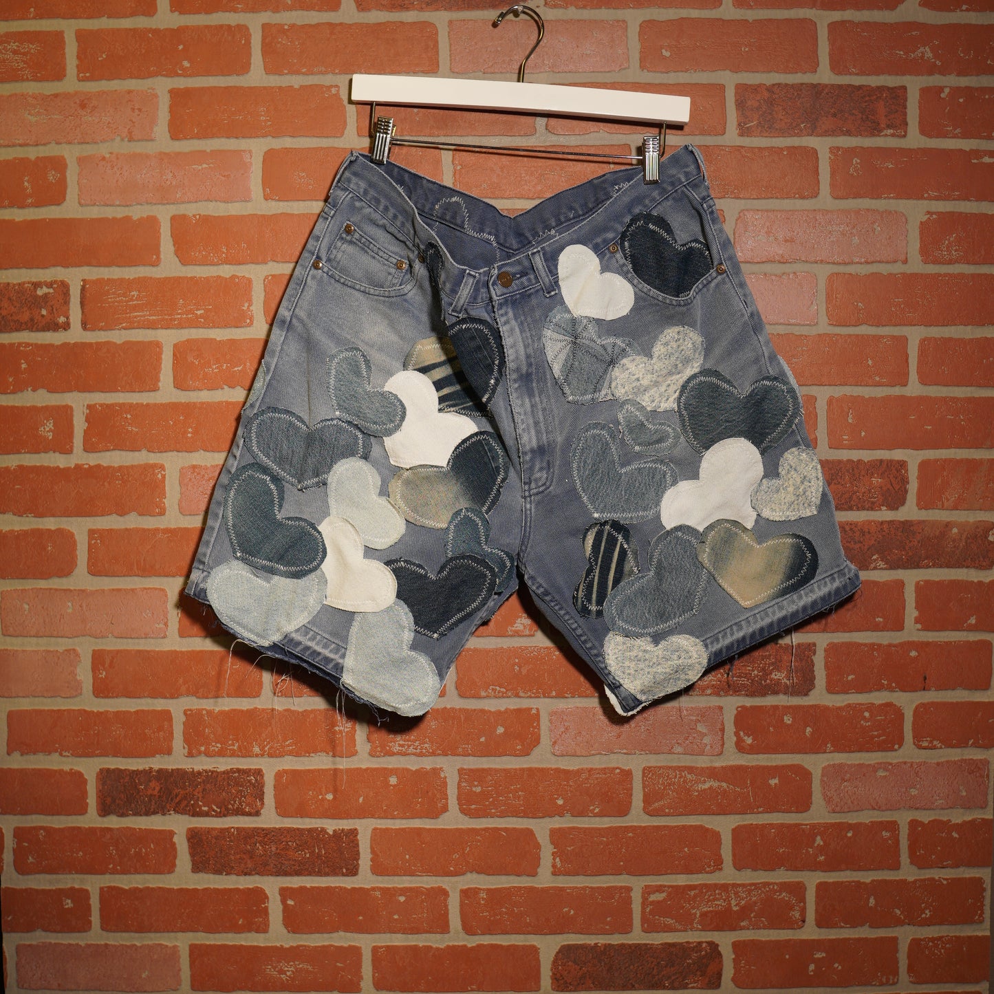 Trevs1of1 Custom Denim Hearts Multi-Hearts Denim Jean Shorts