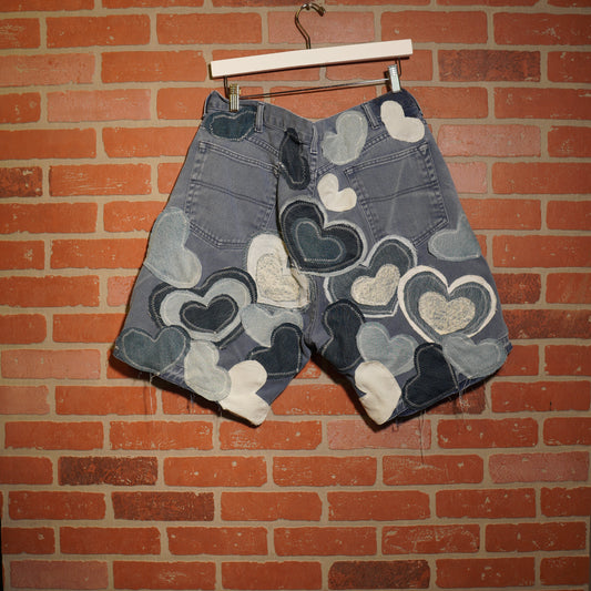Trevs1of1 Custom Denim Hearts Multi-Hearts Denim Jean Shorts