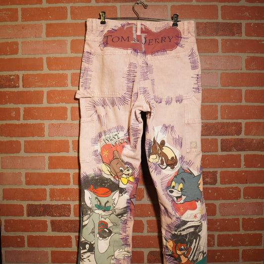 Trevs1of1 1990's Custom Tom & Jerry Chain-Stitched Flared/Stone Washed Jeans Size 36