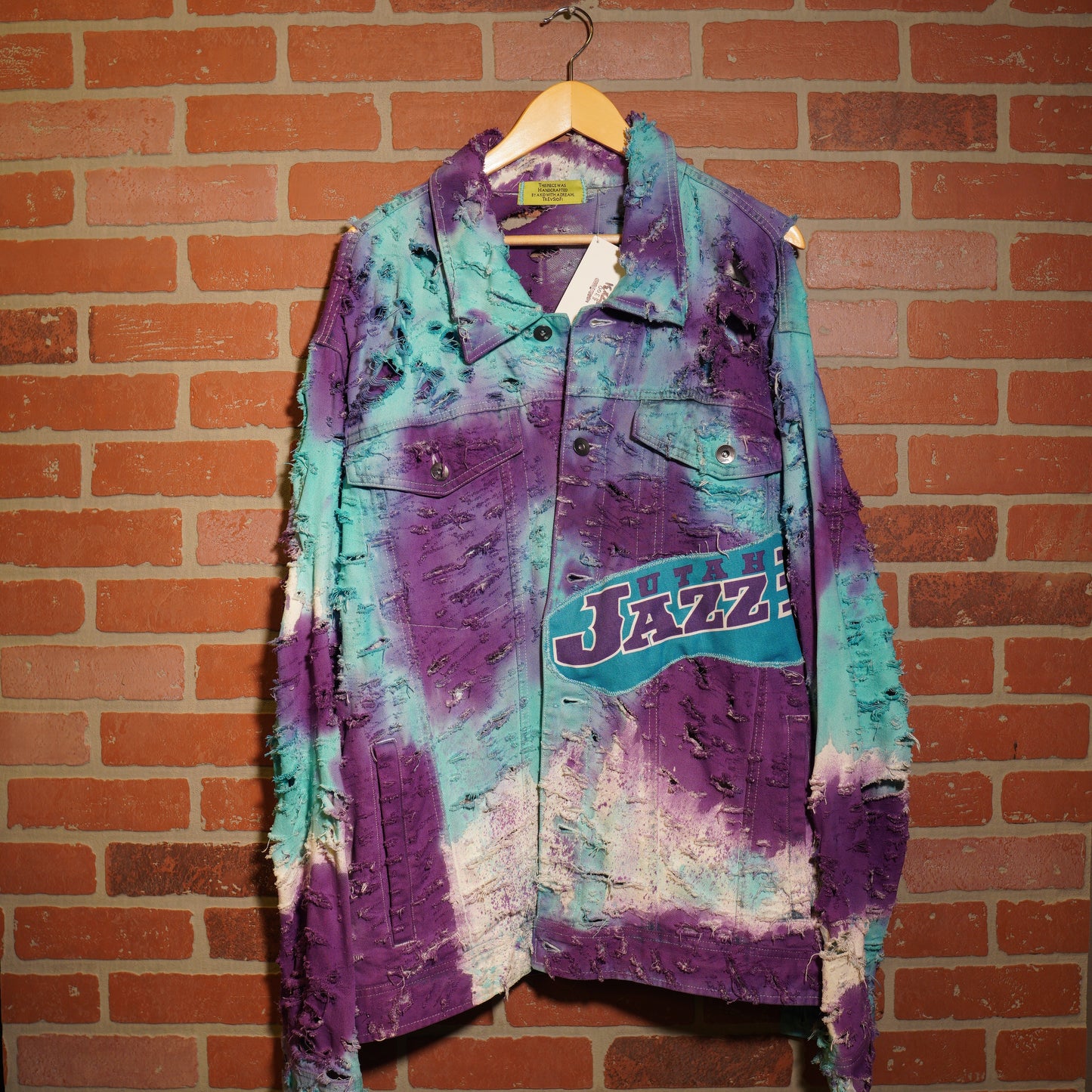 Trevs1of1 1990's Custom Utah Jazz Banner Distressed Tye-Dye Denim Jacket