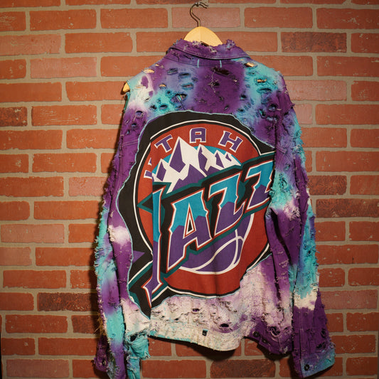 Trevs1of1 1990's Custom Utah Jazz Banner Distressed Tye-Dye Denim Jacket