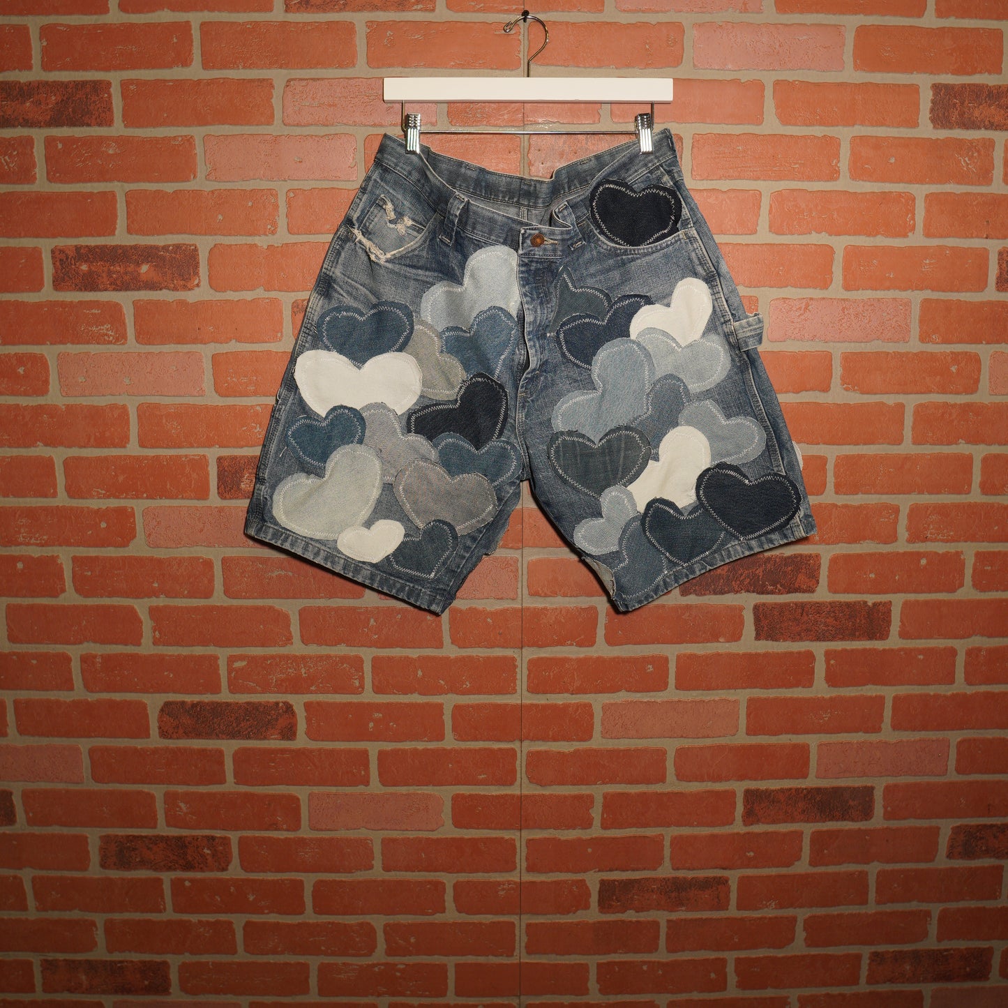 Trevs1of1 Denim Hearts Blue Custom Wranglers Jean Shorts