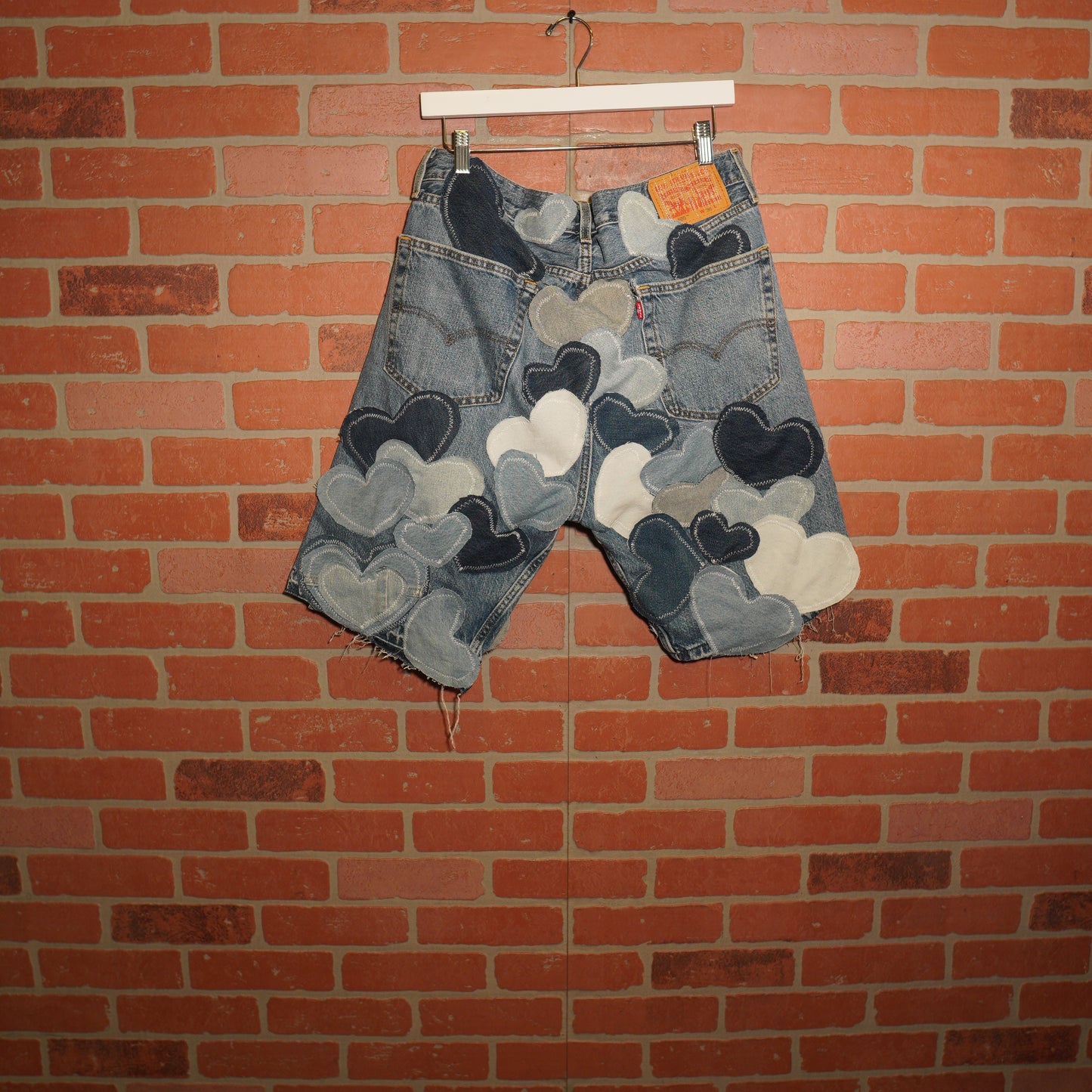 Trevs1of1 Denim Hearts Blue Custom Levis 505 Jean Shorts