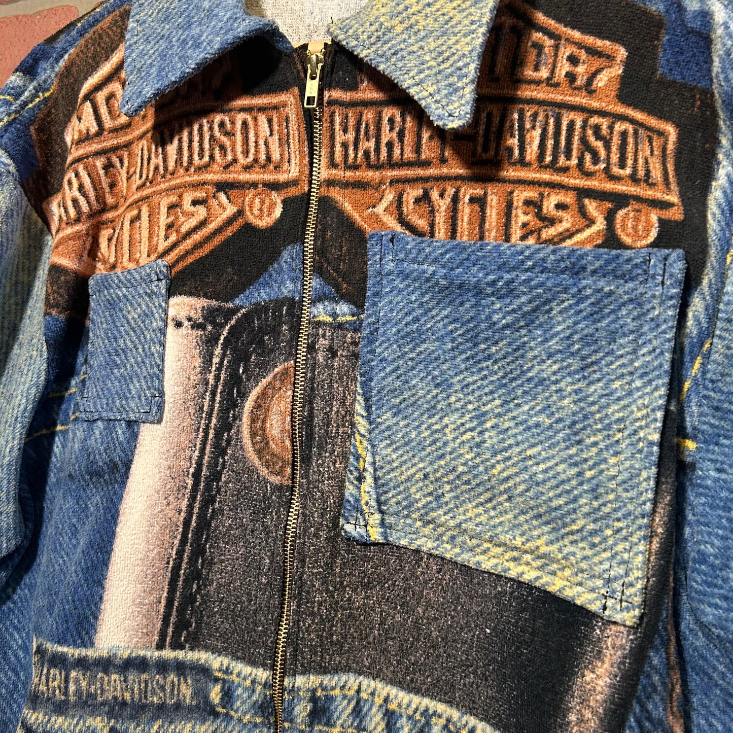 Trevs1of1 2003 Custom Harley Davidson Denim Jean Towel Zip Up Polo