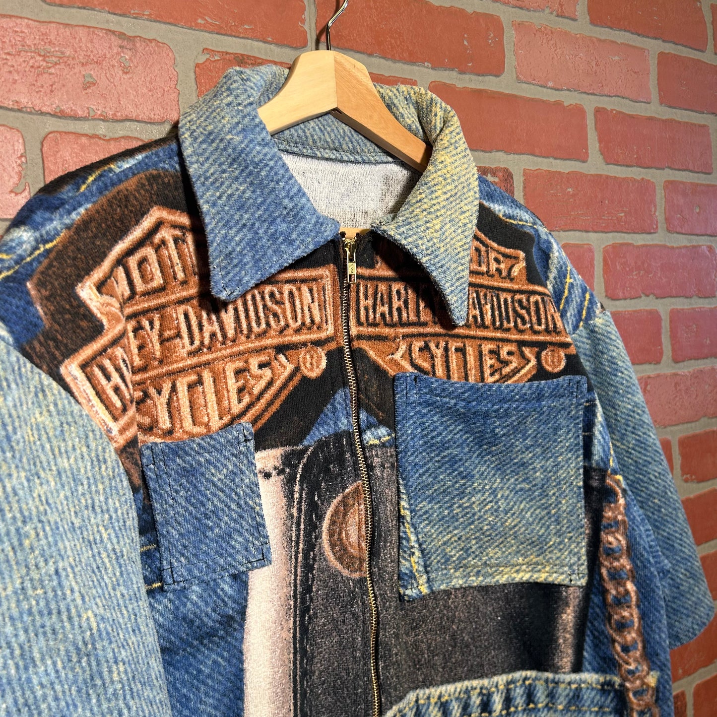 Trevs1of1 2003 Custom Harley Davidson Denim Jean Towel Zip Up Polo