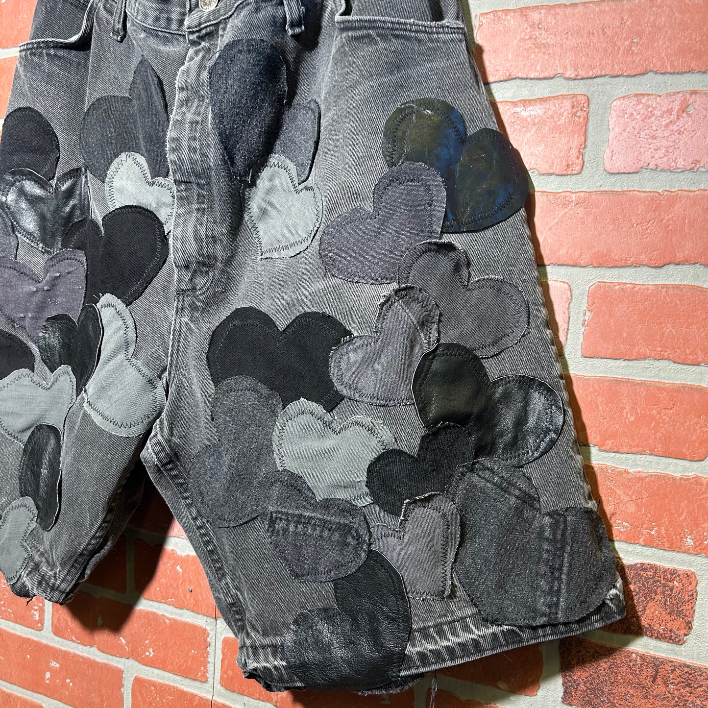 Trevs1of1 Custom Denim/Leather Hearts Black Oversized Shorts Size 42