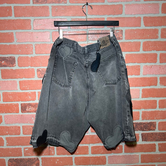 Trevs1of1 Custom Denim/Leather Hearts Black Oversized Shorts Size 42