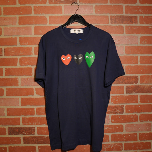 CDG Play Triple Heart Navy Tee