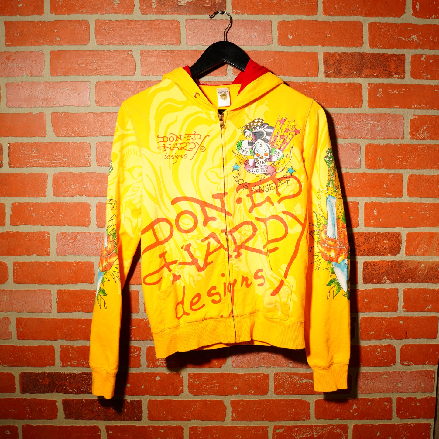 VTG Y2K ED Hardy Designs Los Angeles Yellow Zip-Up Hoodie