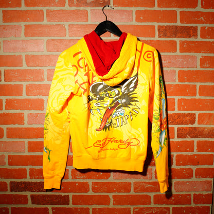 VTG Y2K ED Hardy Designs Los Angeles Yellow Zip-Up Hoodie