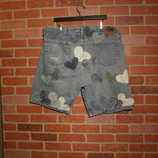 Trevs1of1 Custom 43 Hearts Denim Jean Shorts