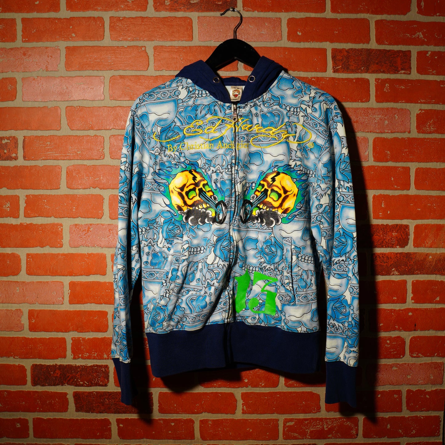 VTG Y2K Ed Hardy Blue Skulls Zip-Up Hoodie