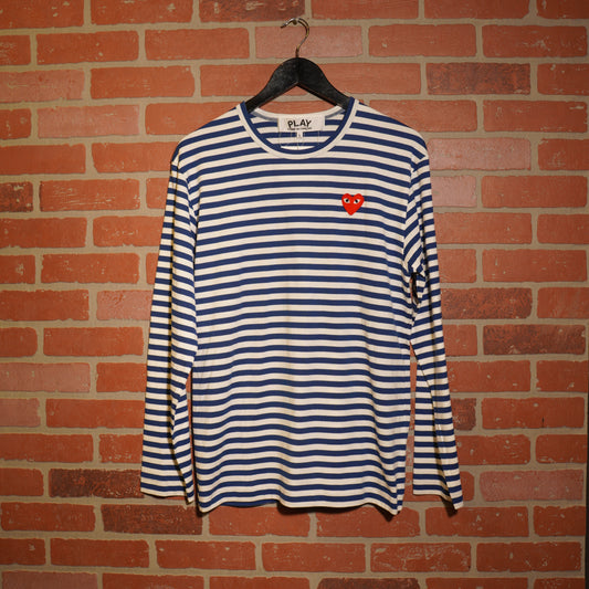 CDG Play Blue Stripe Heart L/S Tee