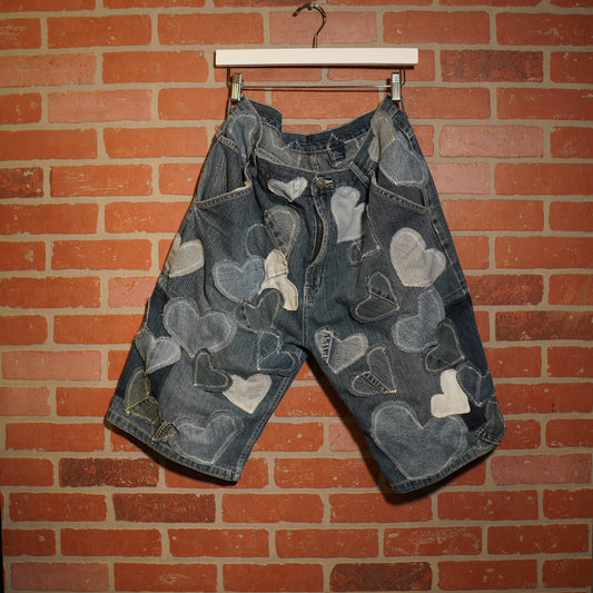 Trevs1of1 Custom Denim Hearts Bugle Boy Jean Shorts