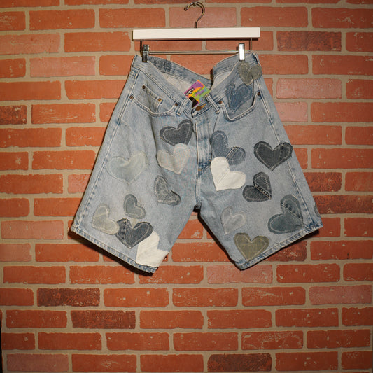 Trevs1of1 Custom Denim Hearts Wrangler Light Blue Jean Shorts