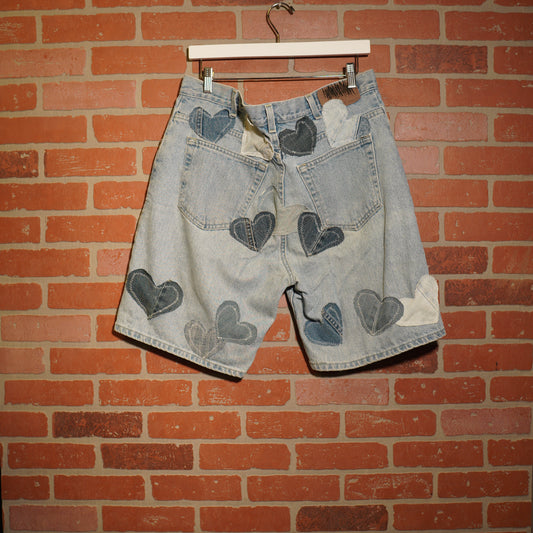 Trevs1of1 Custom Denim Hearts Light Blue Denim Jean Shorts