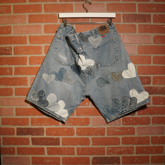 Trevs1of1 Custom Wrangler Denim Hearts Jean Shorts