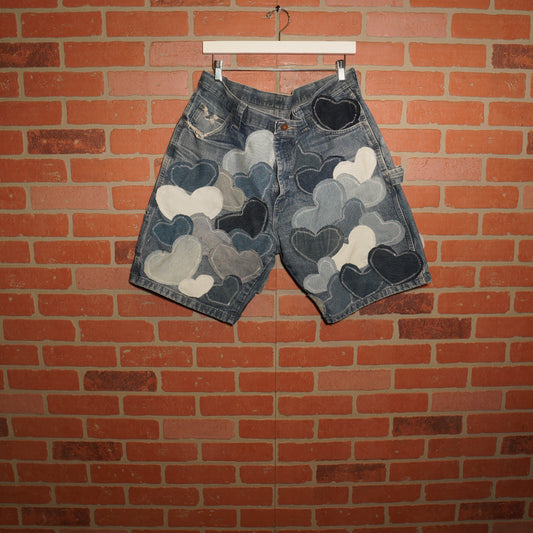 Trevs1of1 Denim Hearts Blue Custom Wranglers Jean Shorts