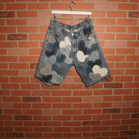 Trevs1of1 Denim Hearts Blue Custom Levis 505 Jean Shorts