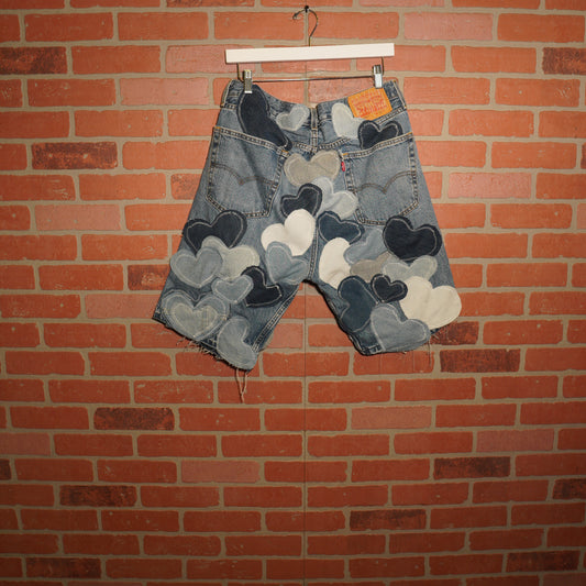 Trevs1of1 Denim Hearts Blue Custom Levis 505 Jean Shorts