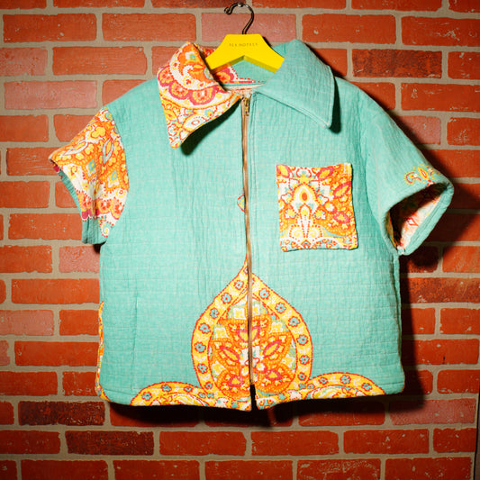 VTG 90s TURQUOISE ORANGE ALL OVER PRINT SHORT SLEEVE QUILT SHIRT