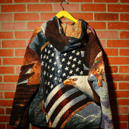 VTG ALL OVER PRINT SOARING EAGLES WOVEN TAPESTRY BLANKET HOODIE