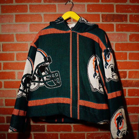 VTG 90s ALL OVER PRINT MIAMI DOLPHINS HELMET TAPESTRY HOODIE