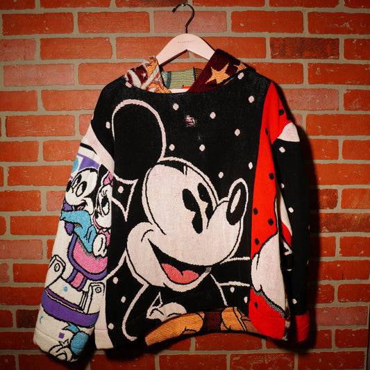 VTG 90s DISNEYS MICKEY MOUSE ALL OVER PRINT WOVEN TAPESTRY HOODIE