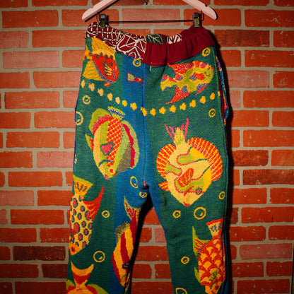 VTG 80s MULTICOLOR ALL PRINT FISHES WOVEN TAPESTRY PANTS