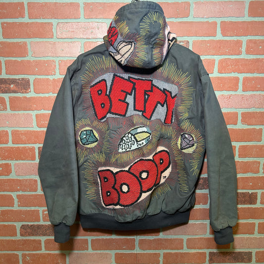 Trevs1of1 Custom 1990's Betty Boop Fearless Fred Diamonds & Pearls Multi Color Chain Stitch Zip Up Jacket
