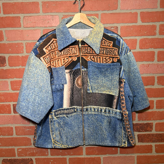 Trevs1of1 2003 Custom Harley Davidson Denim Jean Towel Zip Up Polo