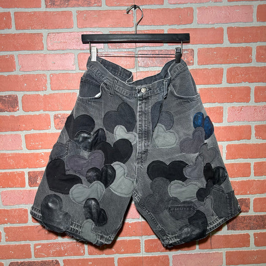Trevs1of1 Custom Denim/Leather Hearts Black Oversized Shorts Size 42