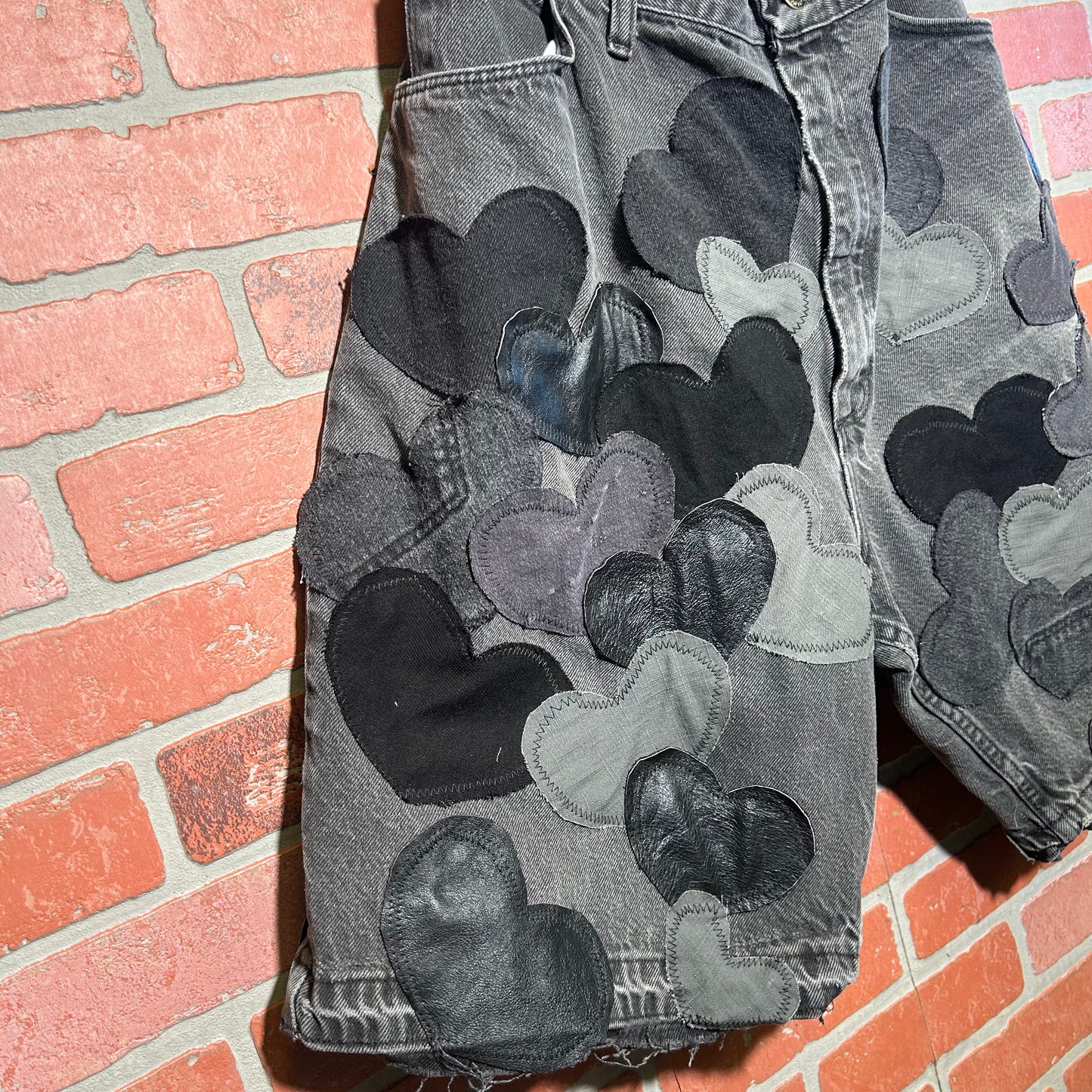Trevs1of1 Custom Denim/Leather Hearts Black Oversized Shorts Size 42
