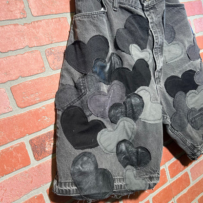 Trevs1of1 Custom Denim/Leather Hearts Black Oversized Shorts Size 42