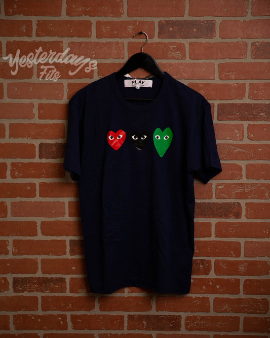 DS CDG Play Navy 3 Hearts Tee