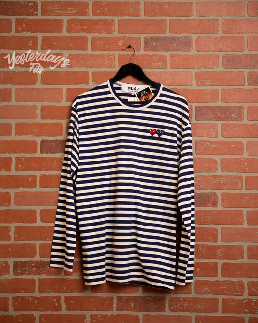DS CDG Play Double Heart Navy & White Striped L/S Tee